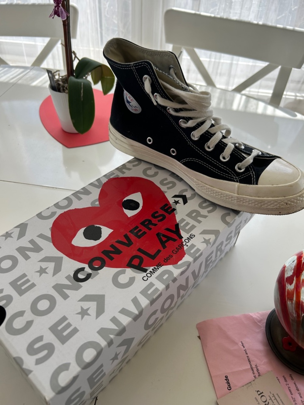 Converse Black and White High Top Sneaker with Red PLAY Heart Box